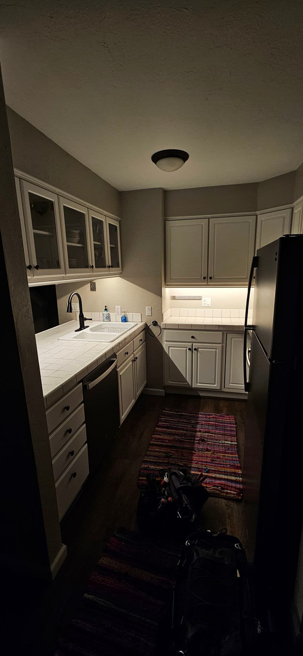 Modern kitchen with white cabinets, stainless steel appliances, and colorful area rug.